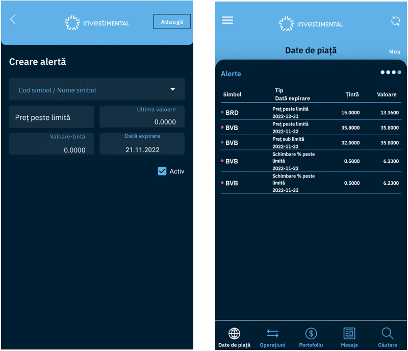 captura ecran din aplicatia Investimental cu pagina de alerte