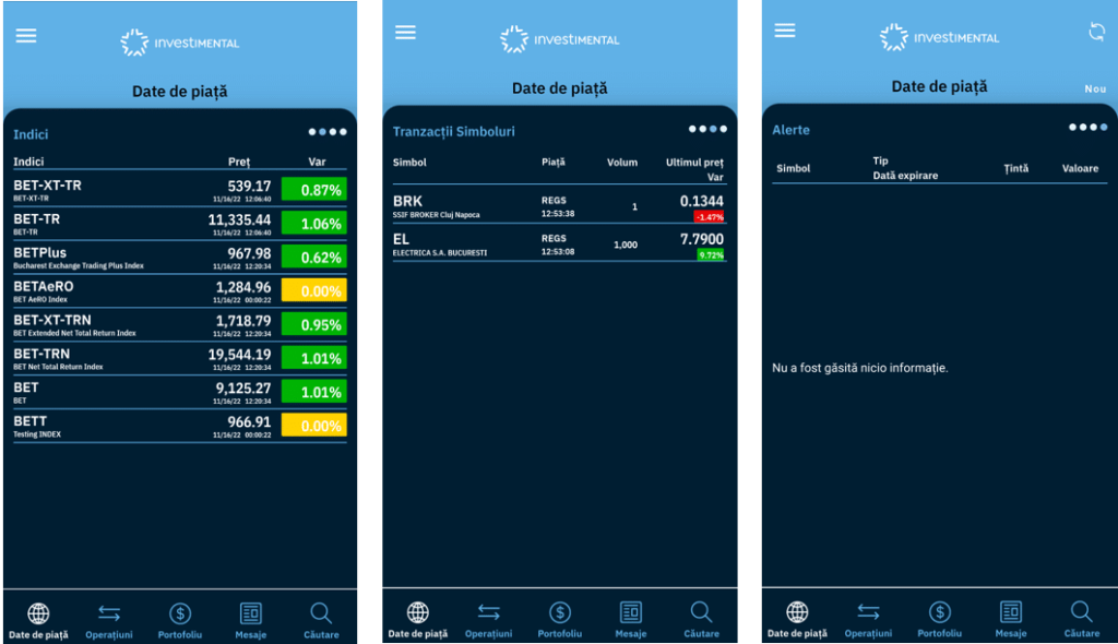 captura ecran din aplicatia Investimental cu pagina date piata