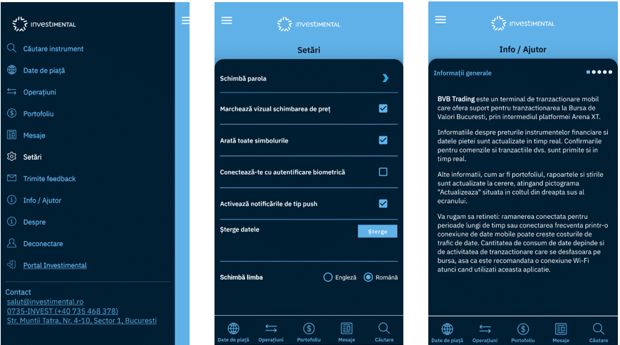 captura ecran din aplicatia Investimental cu meniul