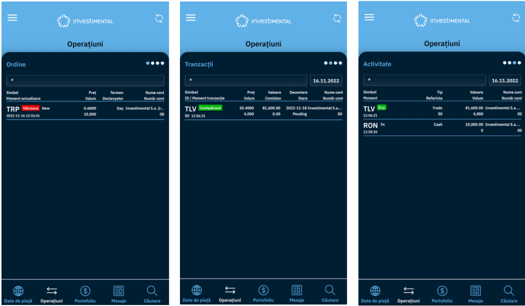 captura ecran din aplicatia Investimental cu pagina operatiuni