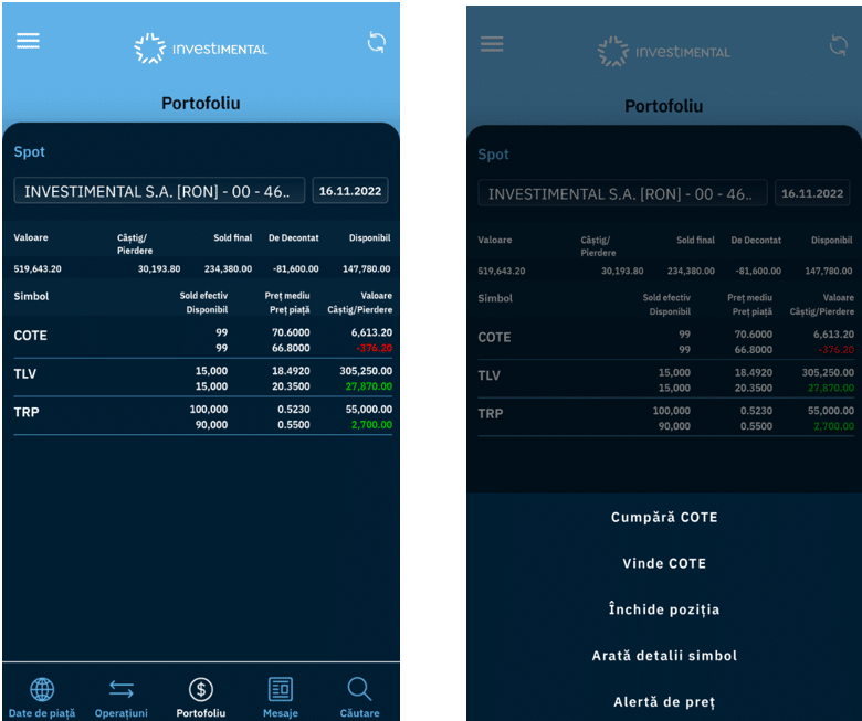 captura ecran din aplicatia Investimental cu pagina portofoliu