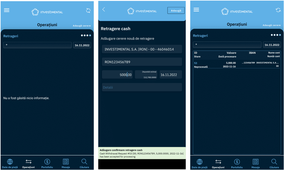 captura ecran din aplicatia Investimental cu pagina retrageri