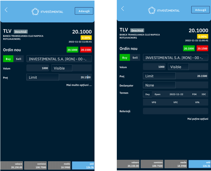 captura ecran din aplicatia Investimental cu pagina tranzactionare