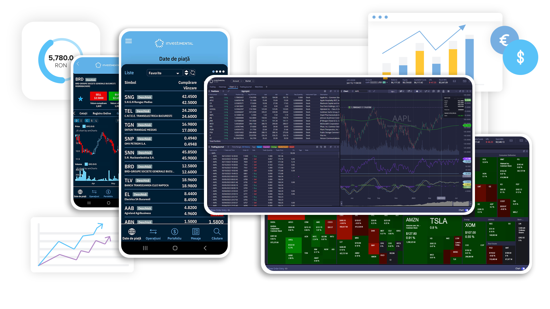 colaj cu captura ecrane din platformele Investimental BVB si Investimental Global